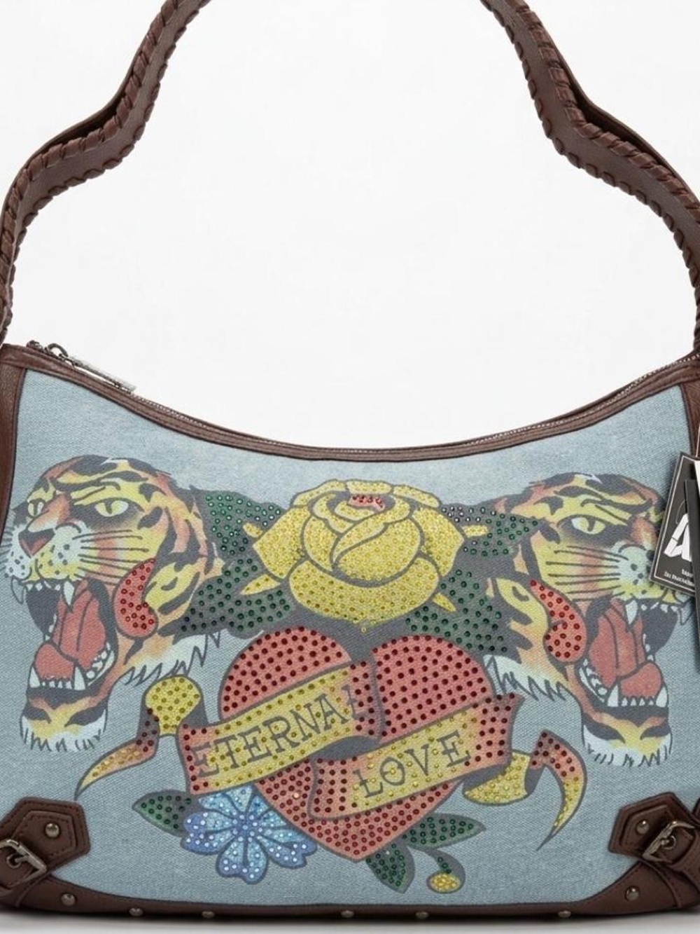 Ed Hardy Blue Canvas Shoulder Bag with Multicolor Embellished